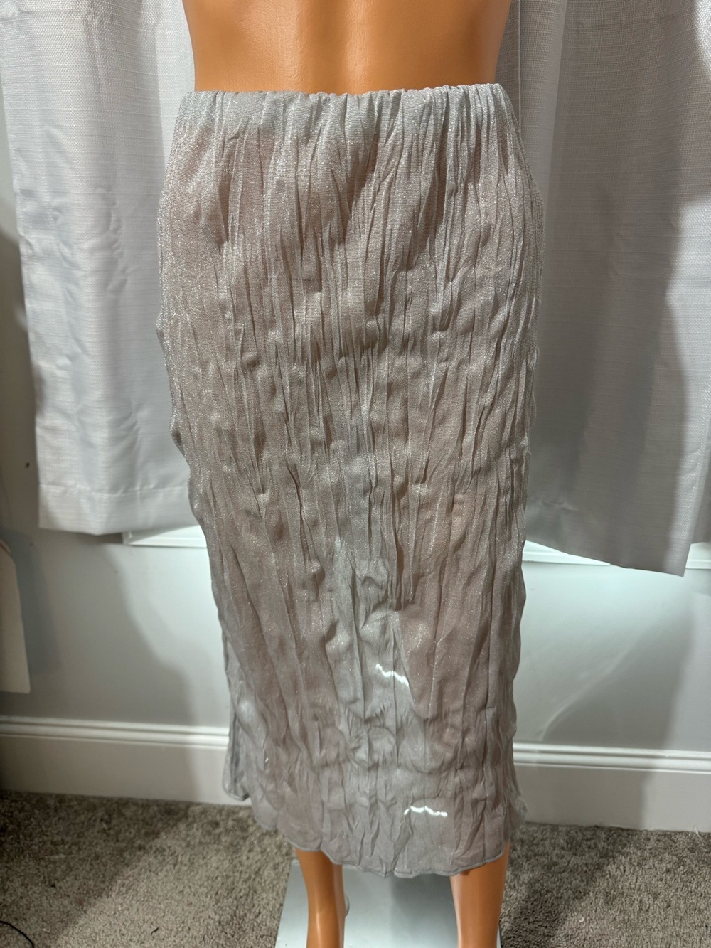 Cool Zara size S silver metallic crinkle semi sheer midi skirt new
